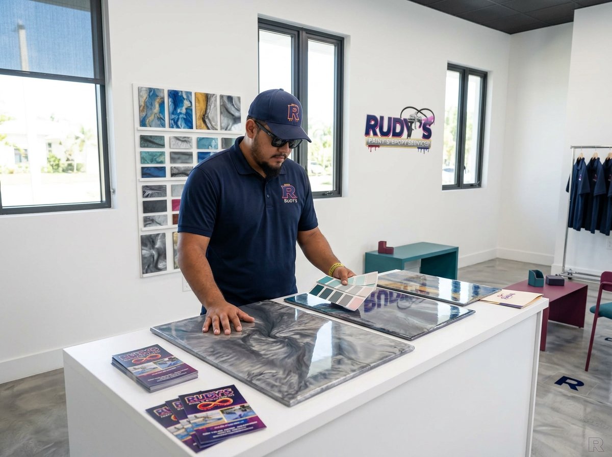 Rudy comparing metallic epoxy finish boards and color samples in a modern branded showroom