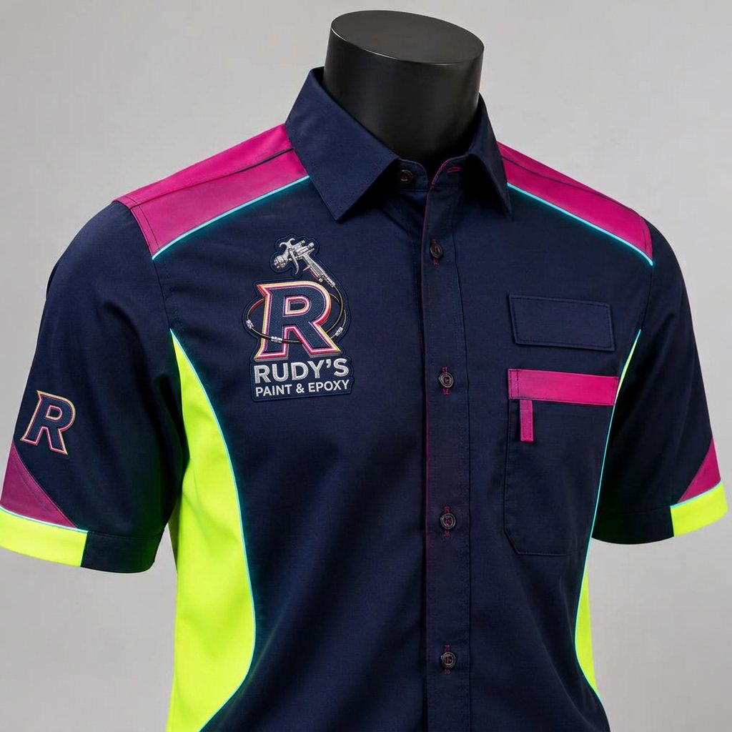 Rudy's branded navy work shirt with embroidered Paint & Epoxy logo, magenta and neon yellow panels and cyan piping