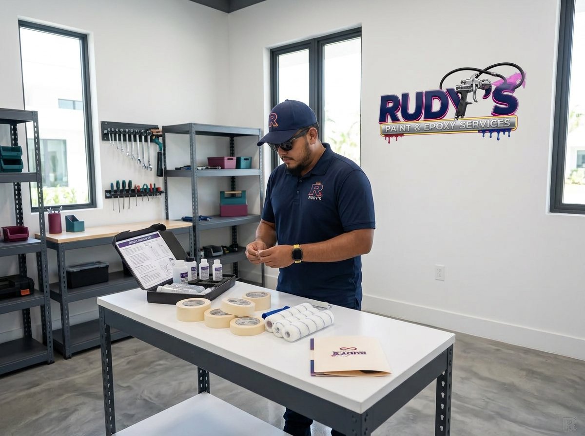 Rudy preparing rollers, masking tape and an epoxy sample kit at a tidy workbench in his branded workshop