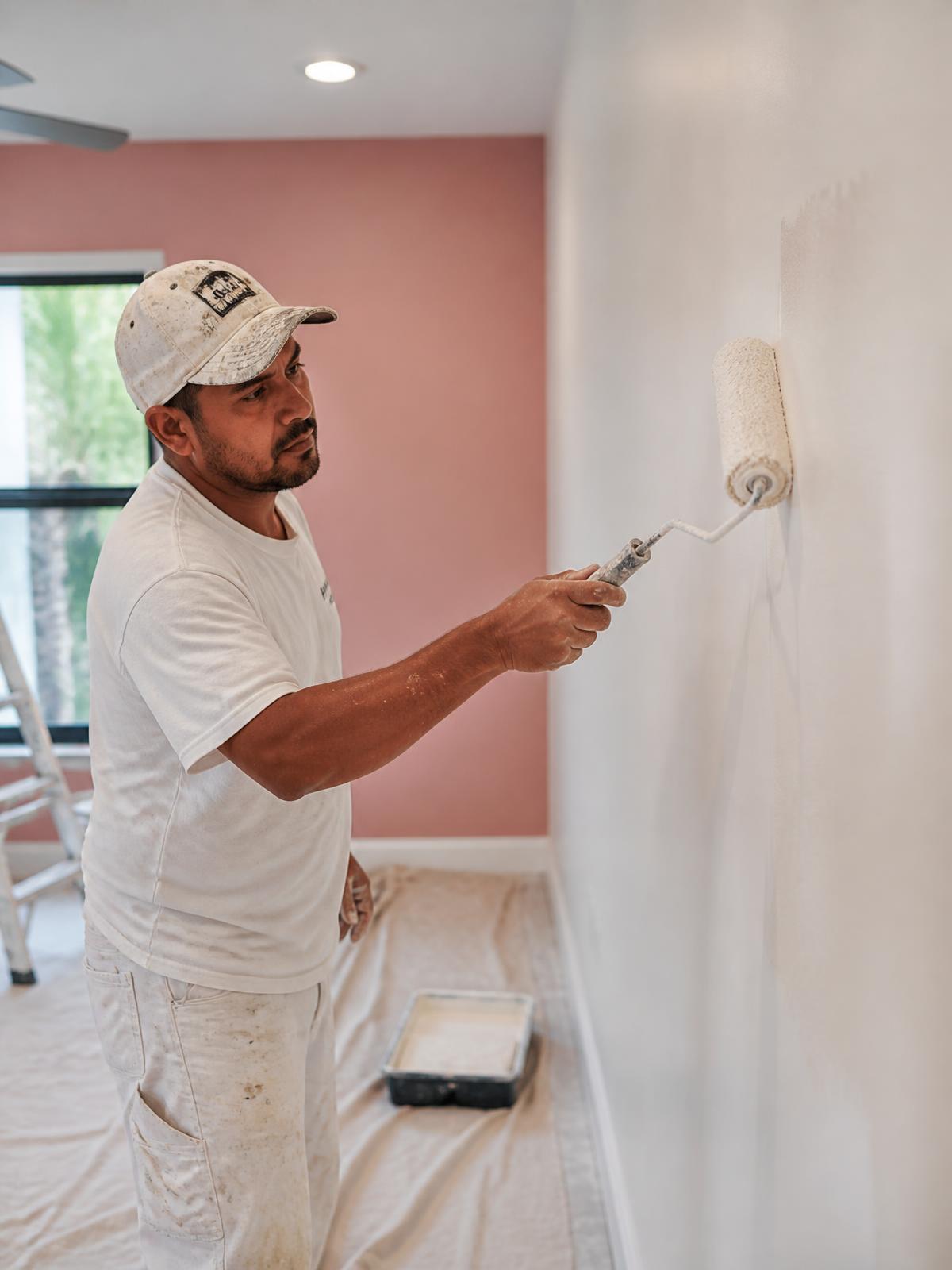 Rudy's painter rolling fresh white paint onto an interior wall beside a pink accent wall in a Southwest Florida home